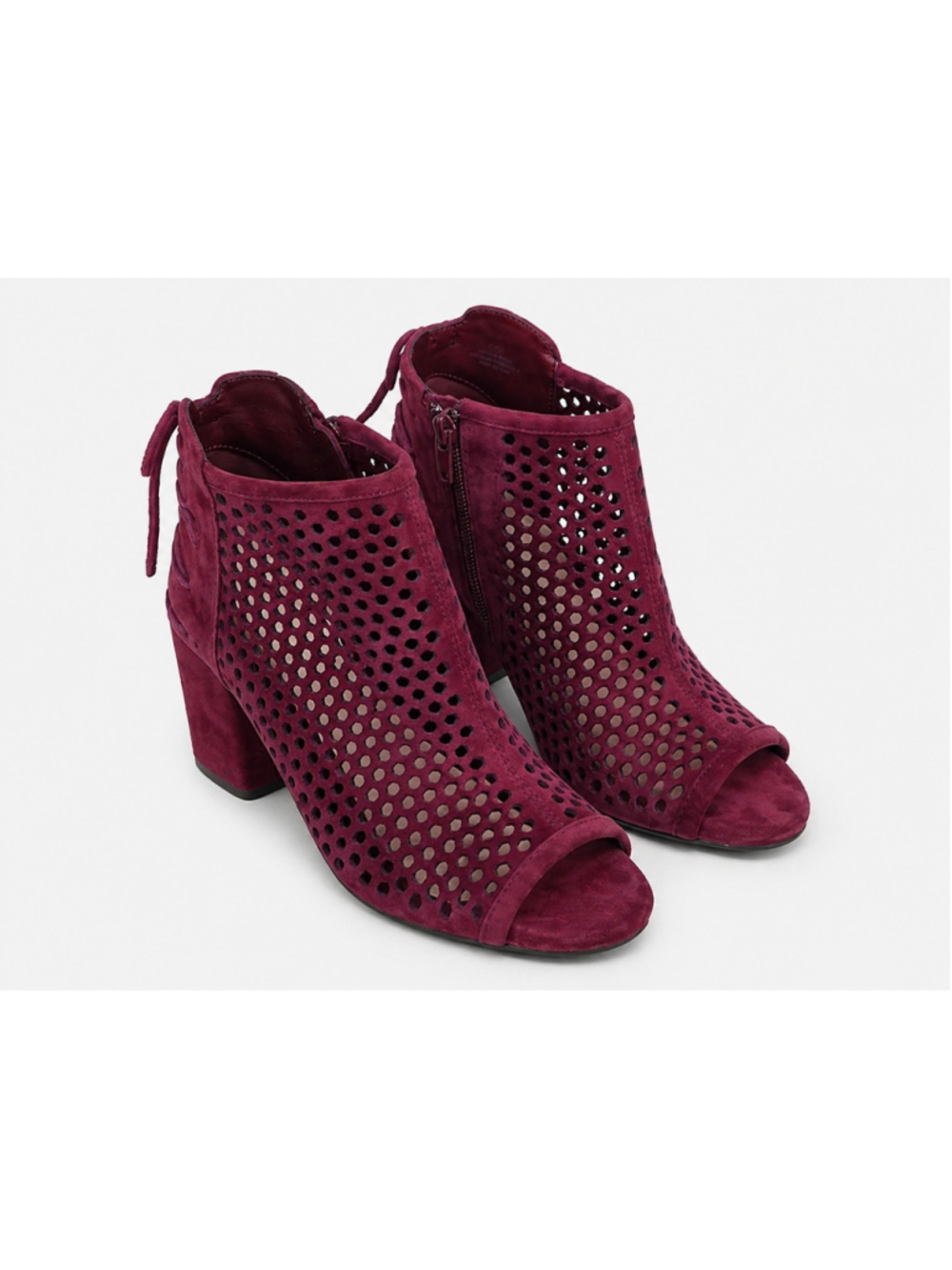 Gianni Bini Booties Heel Burgundy Leather Suede Cutouts Peep Round Toe Sz 5.5